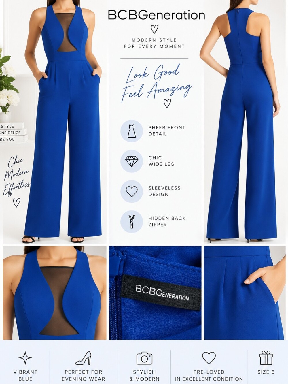 BCBGeneration Blue Sheer Cutout Jumpsuit Size 6